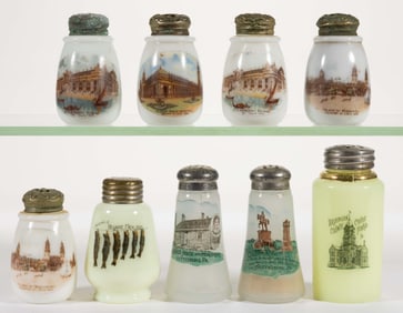 VICTORIAN SOUVENIR DECORATED GLASS SALT AND PEPPER SHAKERS, LOT OF NINE