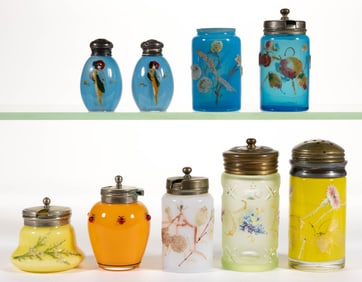 ASSORTED EUROPEAN DECORATED CASED GLASS SALT SHAKERS AND CONDIMENT ARTICLES, LOT OF NINE