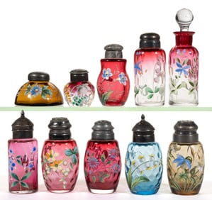 ASSORTED VICTORIAN DECORATED OPTIC SALT AND PEPPER SHAKERS AND OIL BOTTLE, LOT OF TEN