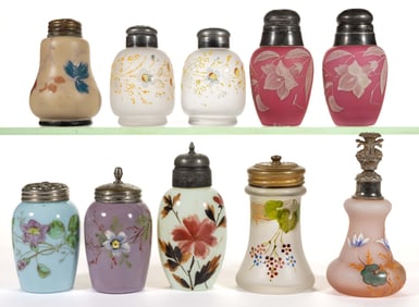 ASSORTED DECORATED VICTORIAN SALT AND PEPPER SHAKERS, LOT OF TEN