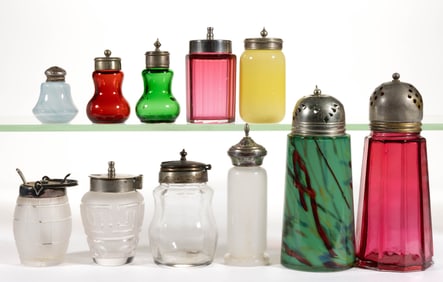 ASSORTED VICTORIAN GLASS SALT SHAKERS AND CONDIMENT ARTICLES, LOT OF 11