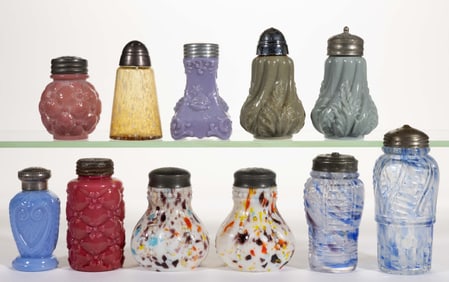 OPAQUE AND OTHER VICTORIAN GLASS SALT AND PEPPER SHAKERS, LOT OF 11
