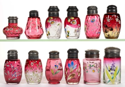 VICTORIAN OPTIC MOLDED AND ENAMEL-DECORATED GLASS SALT AND PEPPER SHAKERS, LOT OF 12