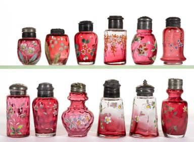 VICTORIAN OPTIC MOLDED AND ENAMEL-DECORATED GLASS SALT AND PEPPER SHAKERS, LOT OF 12