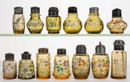 VICTORIAN OPTIC MOLDED AND ENAMEL-DECORATED GLASS SALT AND PEPPER SHAKERS, LOT OF 13