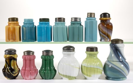 ASSORTED VICTORIAN OPAQUE / SLAG GLASS SALT AND PEPPER SHAKERS, LOT OF 13