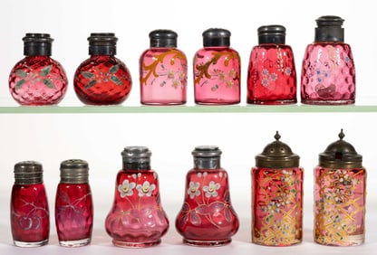 VICTORIAN OPTIC MOLDED AND ENAMEL-DECORATED GLASS SALT AND PEPPER SHAKERS, LOT OF 13