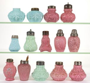 ASSORTED CONSOLIDATED OPAQUE GLASS SALT AND PEPPER SHAKERS, LOT OF 14