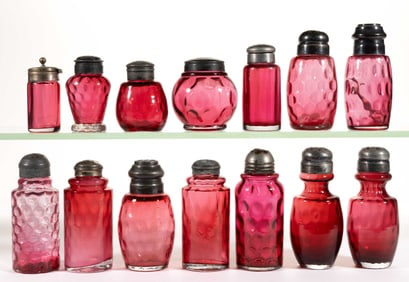 VICTORIAN OPTIC MOLDED CRANBERRY GLASS SALT AND PEPPER SHAKERS, LOT OF 14