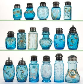 VICTORIAN OPTIC MOLDED AND ENAMEL-DECORATED GLASS SALT AND PEPPER SHAKERS, LOT OF 17