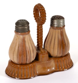 ROYAL GLASS WORKS NO. 102 (OMN) CHOCOLATE PRESSED GLASS BULBOUS RIBBED CONDIMENT SET