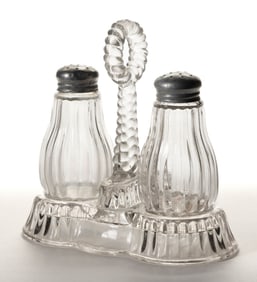 ROYAL GLASS WORKS NO. 102 (OMN) COLORLESS PRESSED GLASS BULBOUS RIBBED CONDIMENT SET