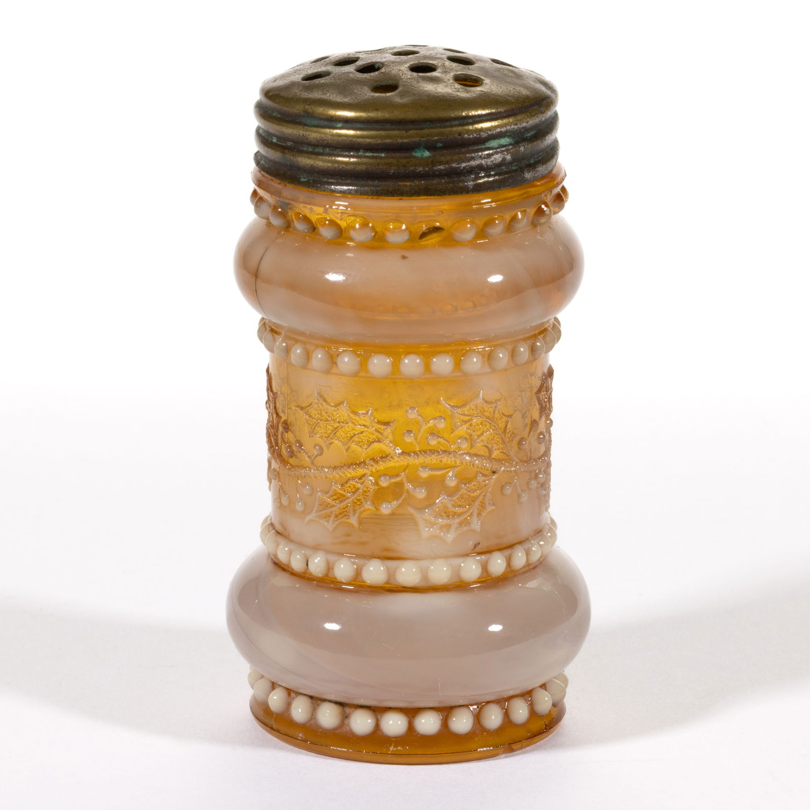 GREENTOWN NO. 450 / HOLLY AMBER SALT SHAKER: GREENTOWN NO. 450 / HOLLY AMBER SALT SHAKER, Golden Agate, having a period lid. Indiana Tumbler and Goblet Co. Pattern introduced 1902. 3 1/4" H. Literature: Lechner - The World of