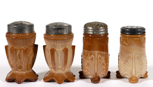 GREENTOWN CHOCOLATE PRESSED GLASS SALT AND PEPPER SHAKERS, LOT OF FOUR