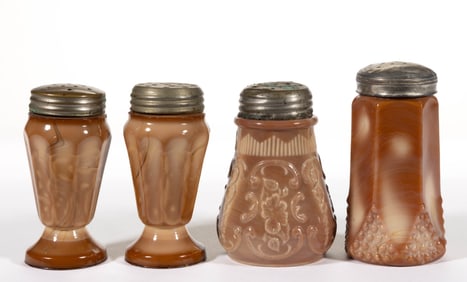 ASSORTED PRESSED CHOCOLATE GLASS SALT AND PEPPER SHAKERS, LOT OF FOUR