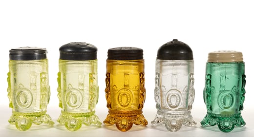 GREENTOWN DEWEY PRESSED GLASS SALT AND PEPPER SHAKERS, LOT OF FIVE