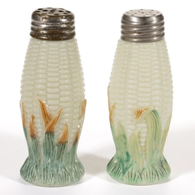 LIBBEY'S MAIZE FIGURAL PRESSED GLASS PAIR OF SALT AND PEPPER SHAKERS