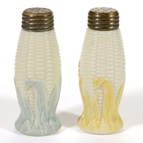 LIBBEY'S MAIZE FIGURAL PRESSED GLASS SALT AND PEPPER SHAKERS, LOT OF TWO