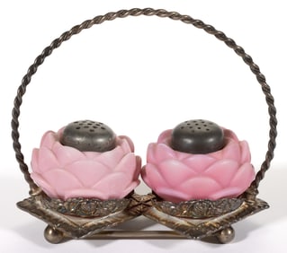 FOSTORIA PINK ROSE SALT AND PEPPER SHAKERS IN STAND