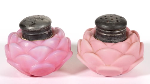 FOSTORIA FIGURAL ROSE OPAQUE GLASS SALT AND PEPPER SHAKER, LOT OF TWO