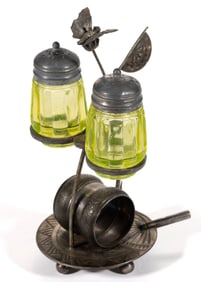 UNIDENTIFIED PRESSED LOBED VASELINE GLASS SALT AND PEPPER SHAKER IN STAND