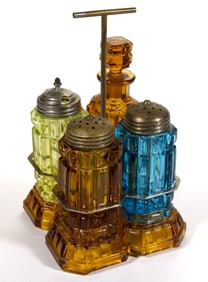 O'HARA NO. 500 / COLUMN BLOCK PRESSED GLASS FOUR-BOTTLE CONDIMENT SET