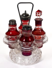 KING'S CROWN / EXCELSIOR (OMN) - RUBY-STAINED FOUR-BOTTLE CASTER SET