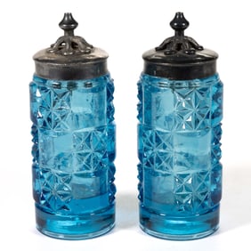 UNIDENTIFIED PAIR OF PRESSED GLASS SALT SHAKERS WITH "EXCELSIOR" PATENTED LIDS