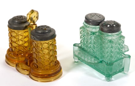 ASSORTED EAPG SALT AND PEPPER SHAKERS IN STANDS, LOT OF TWO