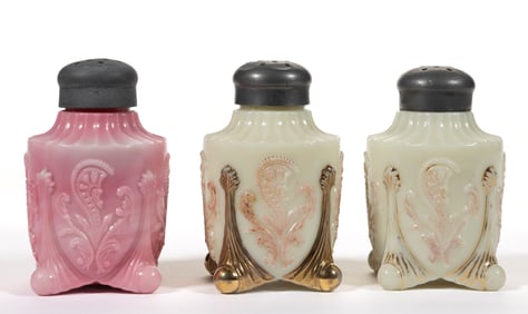 INVERTED FAN AND FEATHER OPAQUE GLASS SALT AND PEPPER SHAKERS, LOT OF THREE