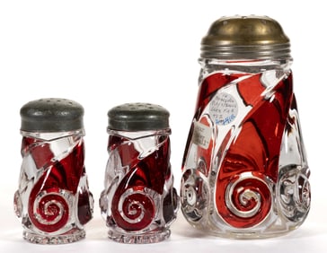 DUNCAN NO. 360 (OMN) / SNAIL RUBY-STAINED SUGAR, SALT, AND PEPPER SHAKERS, LOT OF THREE