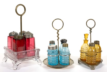 ASSORTED PATTERN CASTER / CONDIMENT SETS, LOT OF THREE