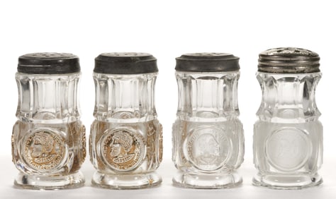 ASSORTED CENTRAL GLASS CO. "COIN" PATTERN SALT AND PEPPER SHAKERS, LOT OF FOUR