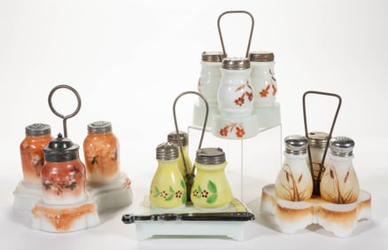 ASSORTED DECORATED OPAQUE WHITE / MILK GLASS CASTER / CONDIMENT SETS, LOT OF FOUR