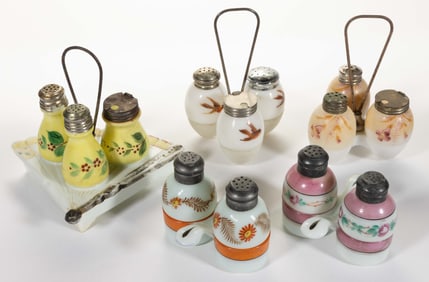 ASSORTED DECORATED OPAQUE WHITE / MILK GLASS CASTER / CONDIMENT SETS, LOT OF FIVE