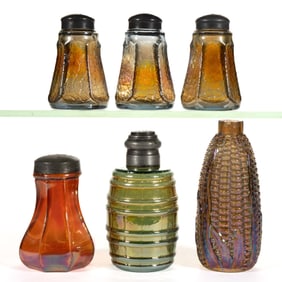 ASSORTED CARNIVAL IRIDESCENT GLASS SALT AND PEPPER SHAKERS, LOT OF SIX