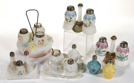 ASSORTED DECORATED OPAQUE CASTER / CONDIMENT SETS AND EXTRA SHAKERS, LOT OF SEVEN