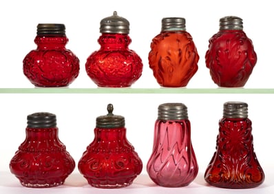 ASSORTED CONSOLIDATED PIGEON BLOOD SALT AND PEPPER SHAKERS, LOT OF EIGHT