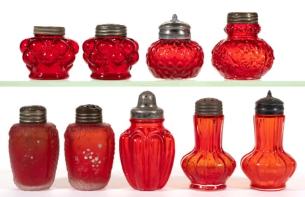 ASSORTED CONSOLIDATED PIGEON BLOOD SALT AND PEPPER SHAKERS, LOT OF NINE