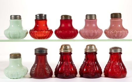 LANCASTER GLASS WORKS SALT AND PEPPER SHAKERS, LOT OF TEN