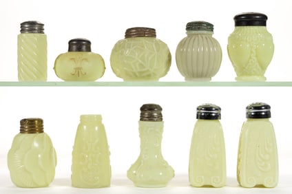 ASSORTED CUSTARD / OPAQUE VASELINE SALT AND PEPPER SHAKERS, LOT OF TEN
