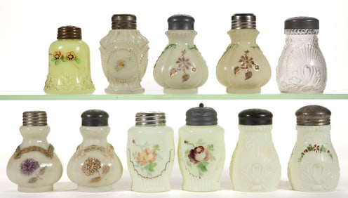ASSORTED EAPG CUSTARD / OPAQUE VASELINE SALT AND PEPPER SHAKERS, LOT OF TEN