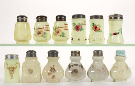 ASSORTED EAPG CUSTARD / OPAQUE VASELINE SALT AND PEPPER SHAKERS, LOT OF 12
