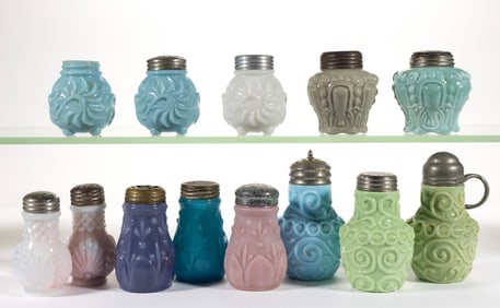 ASSORTED OPAQUE GLASS SALT AND PEPPER SHAKERS, LOT OF 13