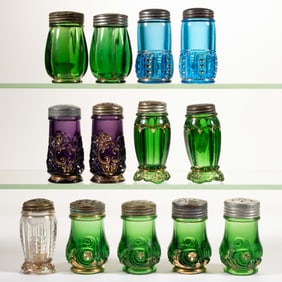 ASSORTED RIVERSIDE GLASS WORKS EAPG SALT AND PEPPER SHAKERS, LOT OF 13