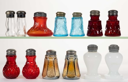 ASSORTED GLASS SALT AND PEPPER SHAKERS, LOT OF 13