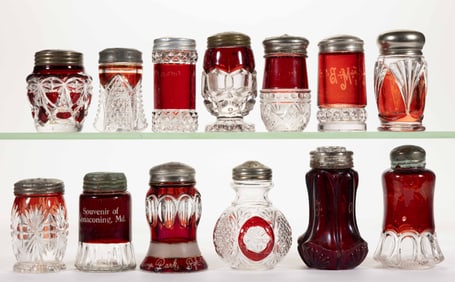 ASSORTED EAPG RUBY-STAINED SALT AND PEPPER SHAKERS, LOT OF 13