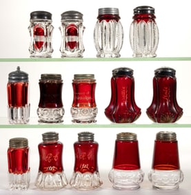 ASSORTED EAPG RUBY-STAINED SALT AND PEPPER SHAKERS, LOT OF 14