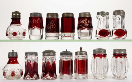 ASSORTED EAPG RUBY-STAINED SALT AND PEPPER SHAKERS, LOT OF 14