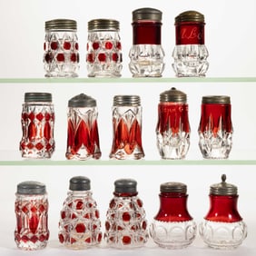 ASSORTED EAPG RUBY-STAINED SALT AND PEPPER SHAKERS, LOT OF 14